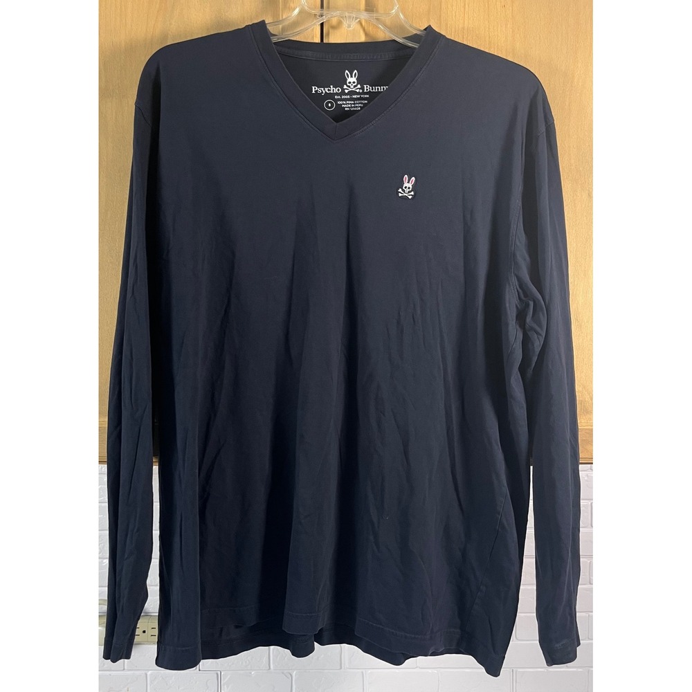 Psycho Bunny V-Neck T-Shirt Mens 8 Navy Blue Long Sleeve Pima Cotton Logo